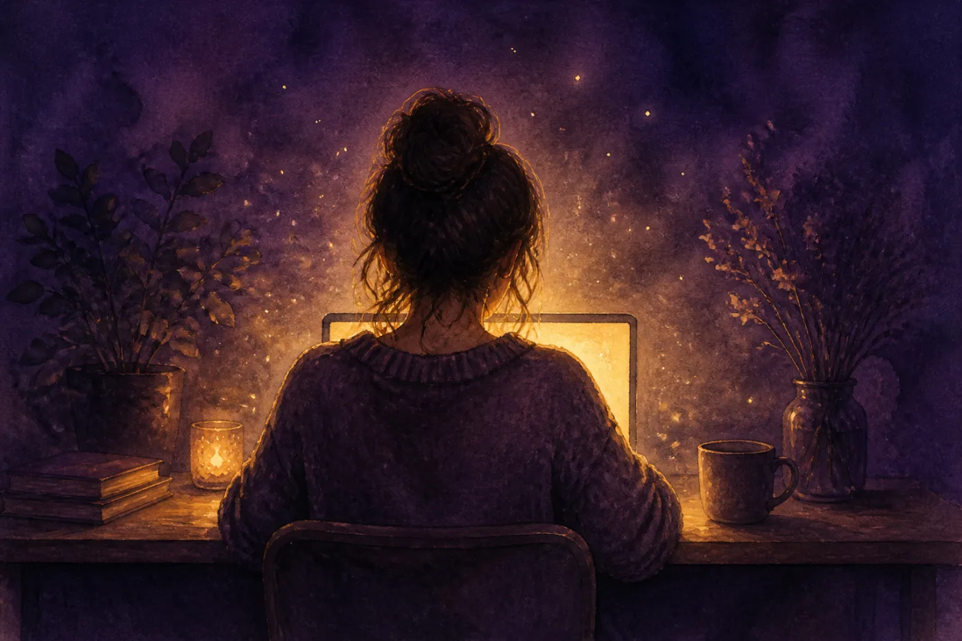 夜のデスクでパソコンに向かう女性のイラスト